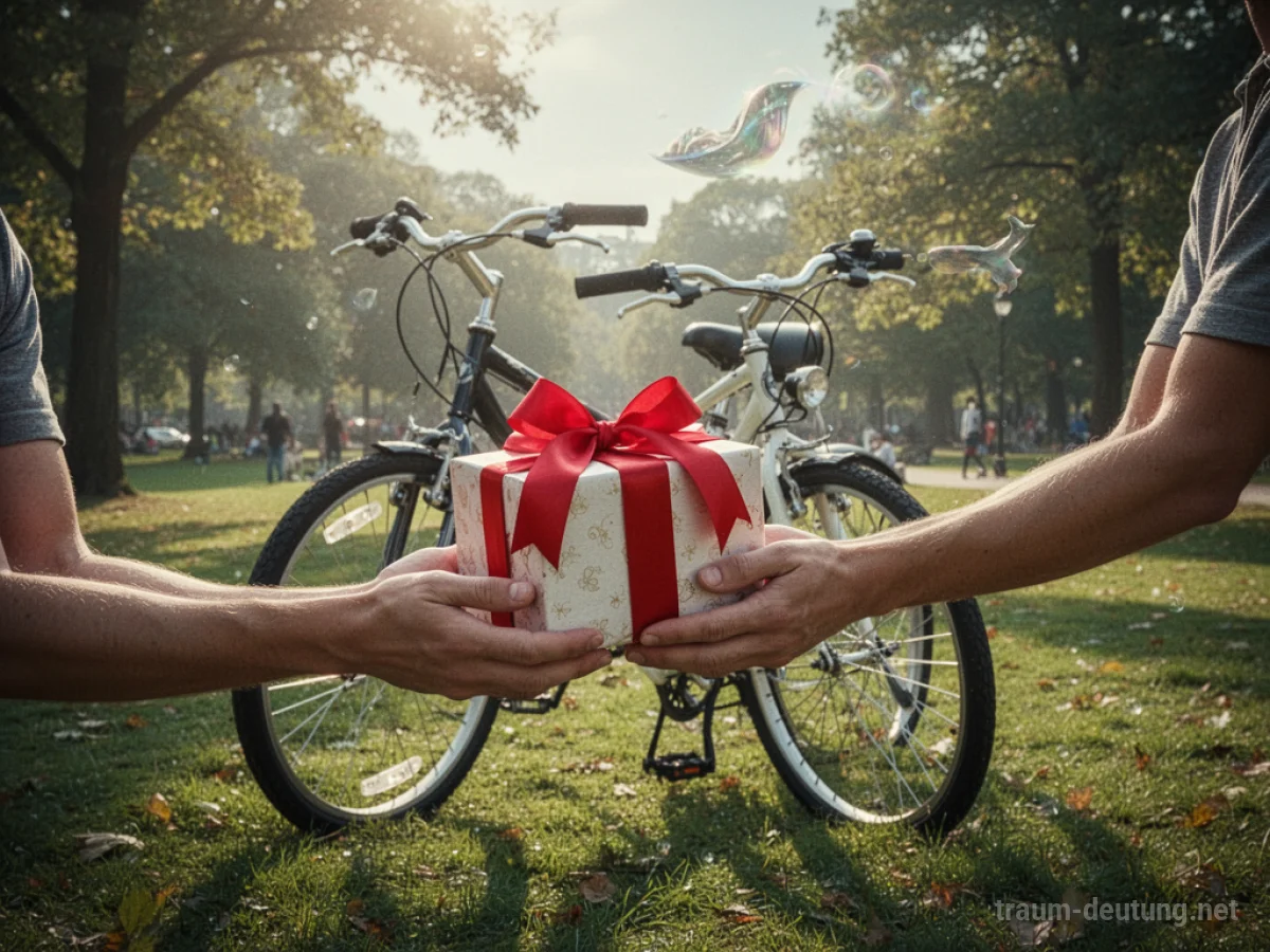 Hände erhalten ein neues Fahrrad als Geschenk im Sonnenschein.