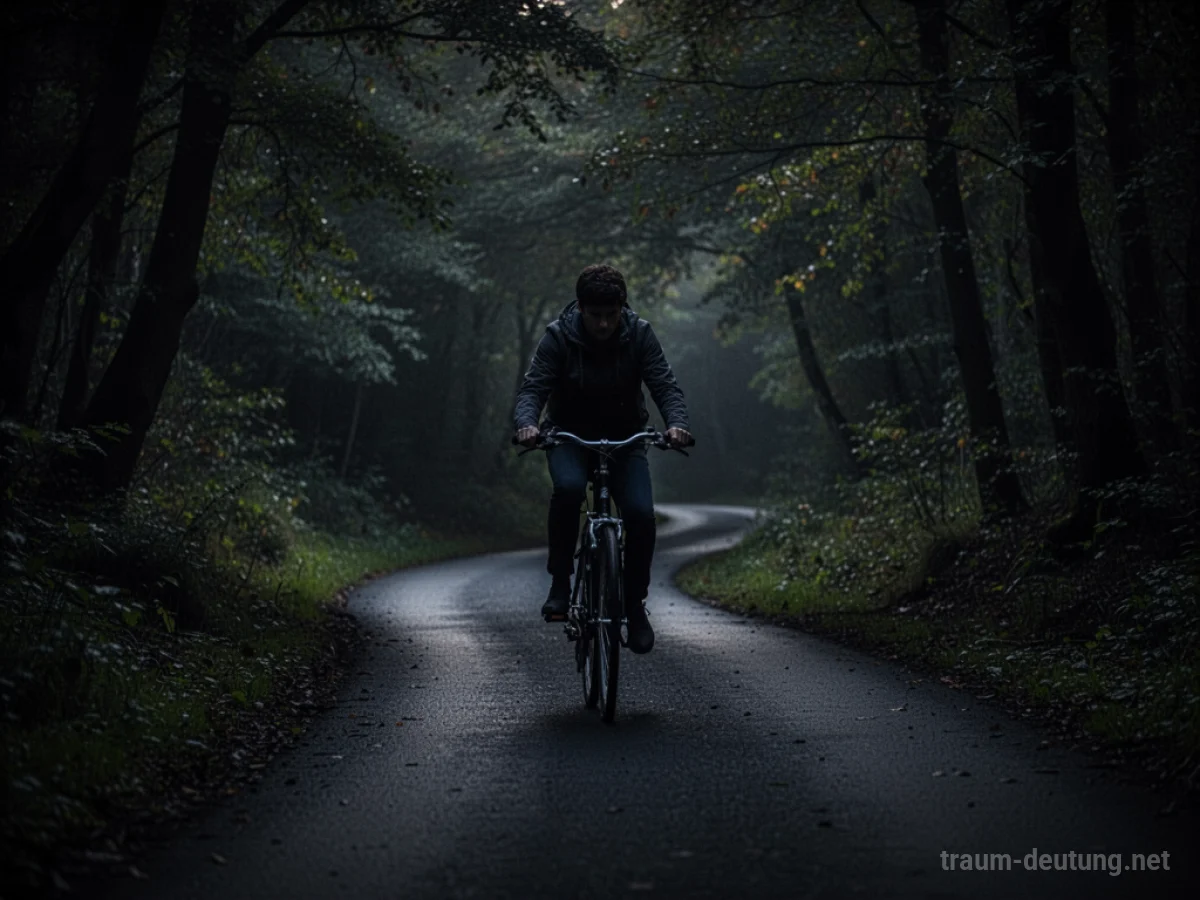 Fahrradfahrer auf einem dunklen, schmalen Pfad im Traum