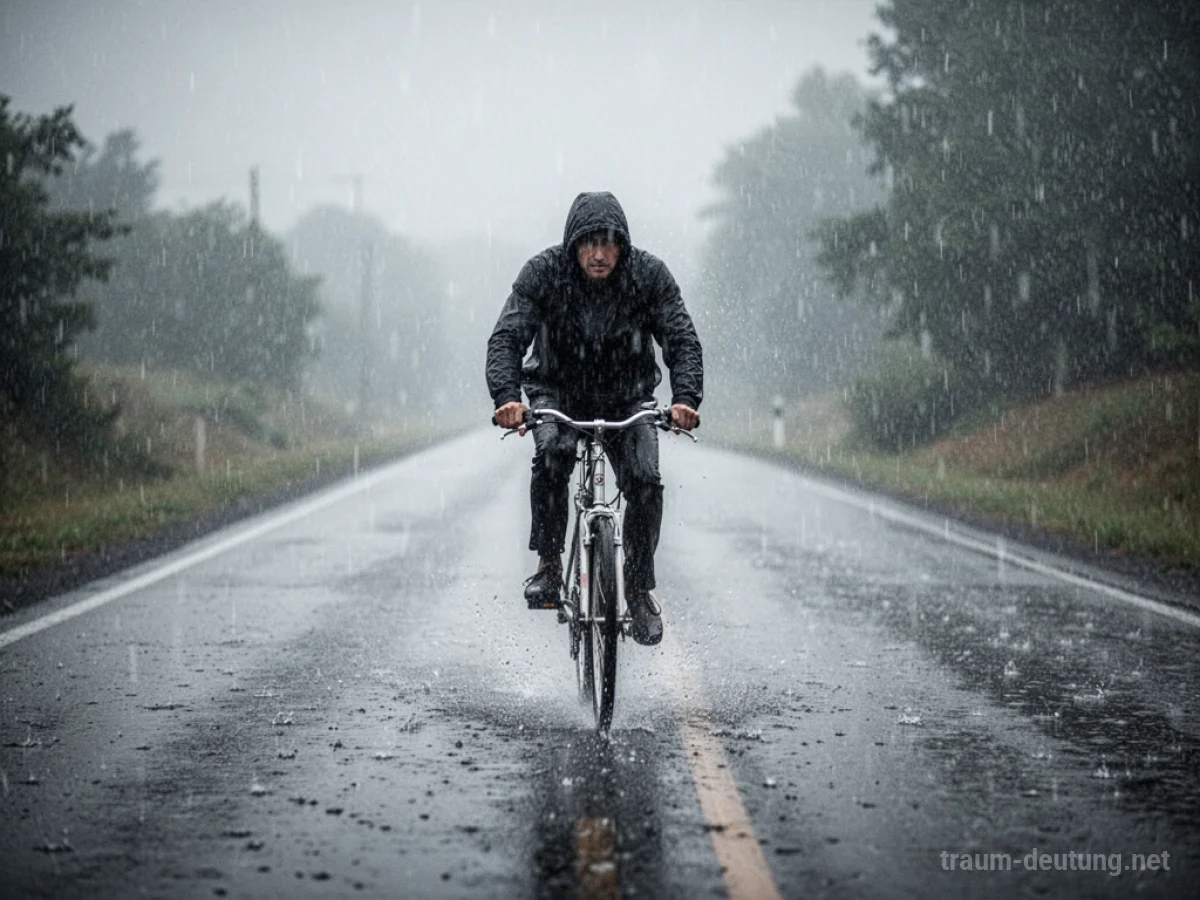 Eine Person fährt mit einem Fahrrad durch starken Regen auf einer leeren Straße.