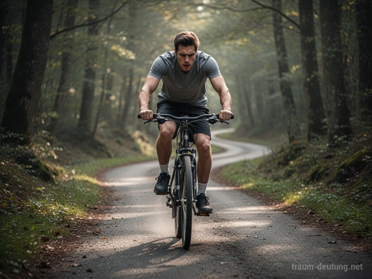Ein Fahrrad fährt ohne Hände am Lenker auf einem verschlungenen Weg.