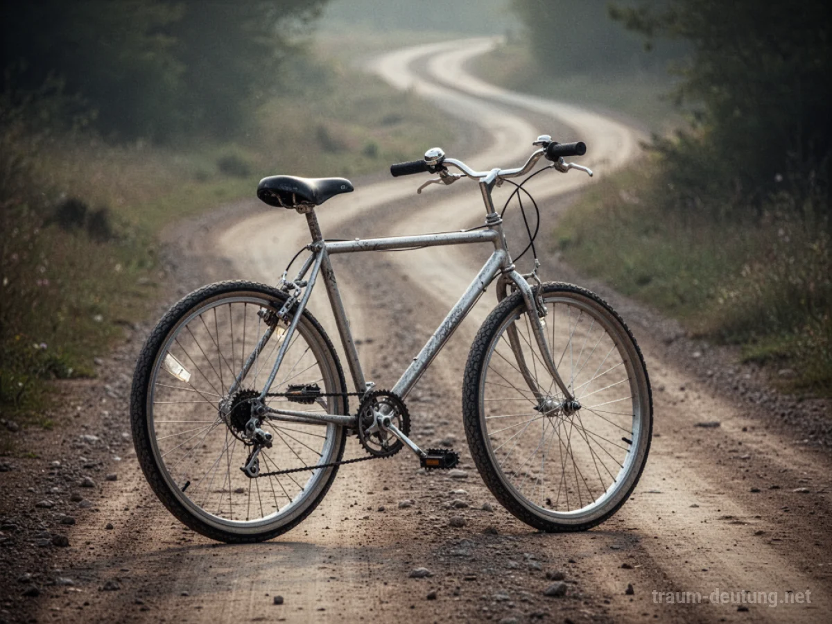Fahrrad ohne Sattel auf einem Feldweg, das auf eine unsichere Reise hindeutet.