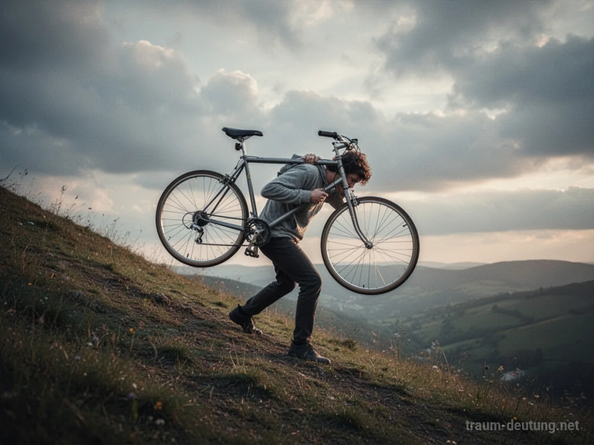 Eine Person, die unter Anstrengung ein Fahrrad einen Hang hinaufschleppt.