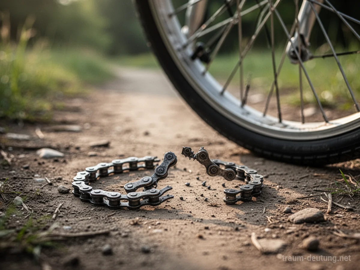 Gerissene Fahrradkette auf einem Feldweg neben einem Fahrrad