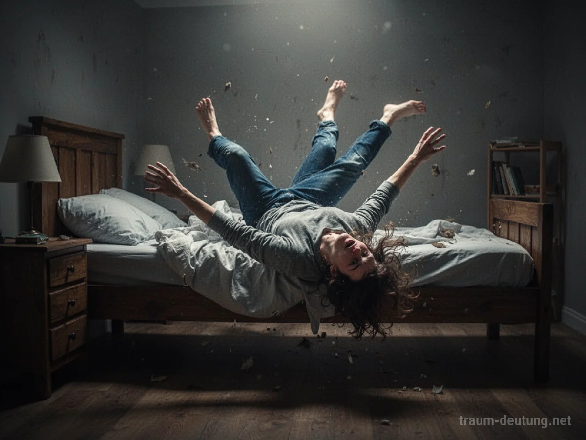 Eine Person fällt aus einem Bett, symbolisiert Unsicherheit.