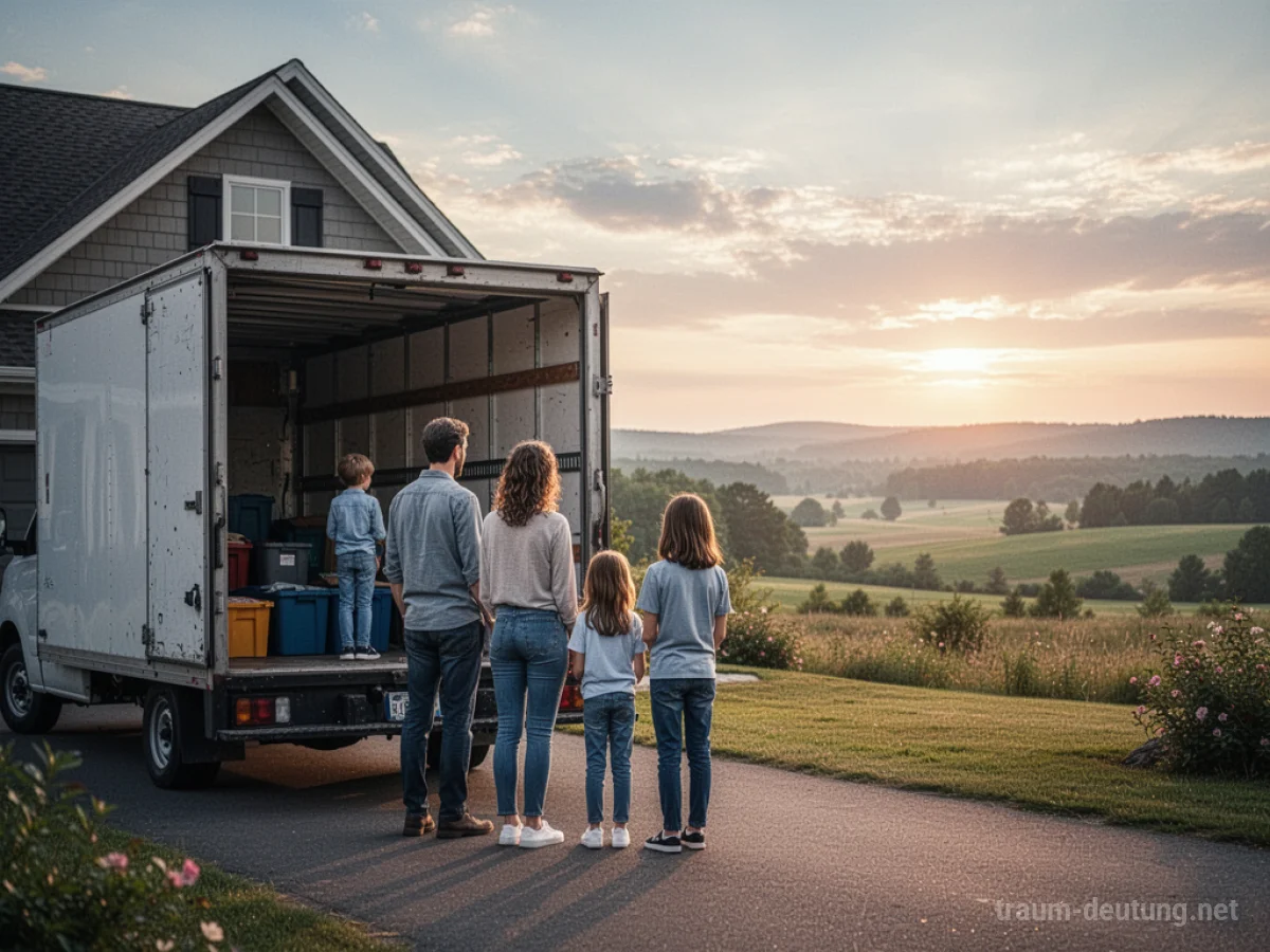 Familie vor einem Umzugswagen blickt in eine neue Landschaft.