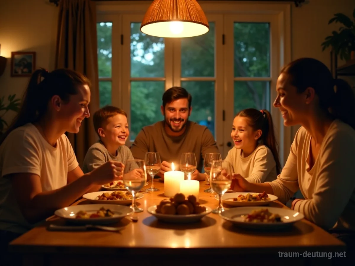 Eine lächelnde Familie feiert gemeinsam an einem festlich gedeckten Tisch.