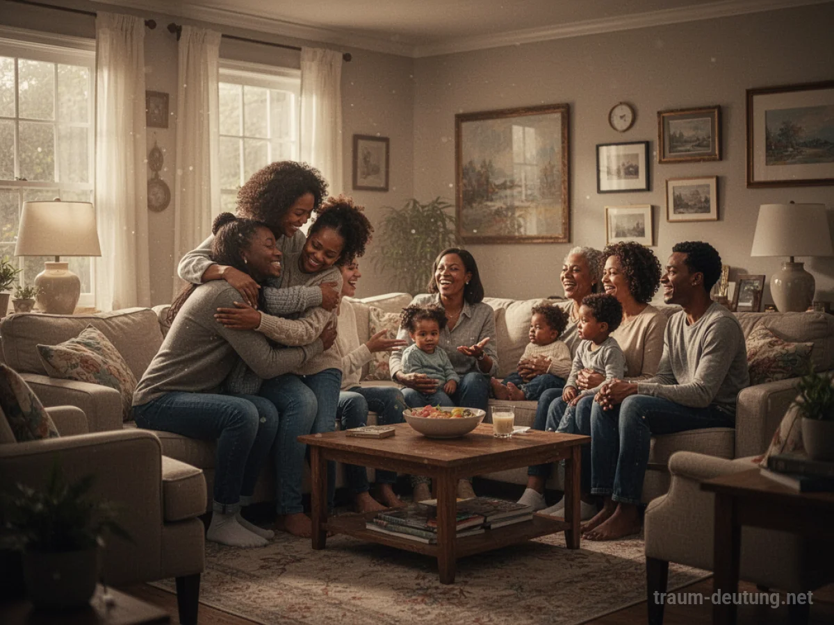 Familie versammelt sich in einem warmen Wohnzimmer.