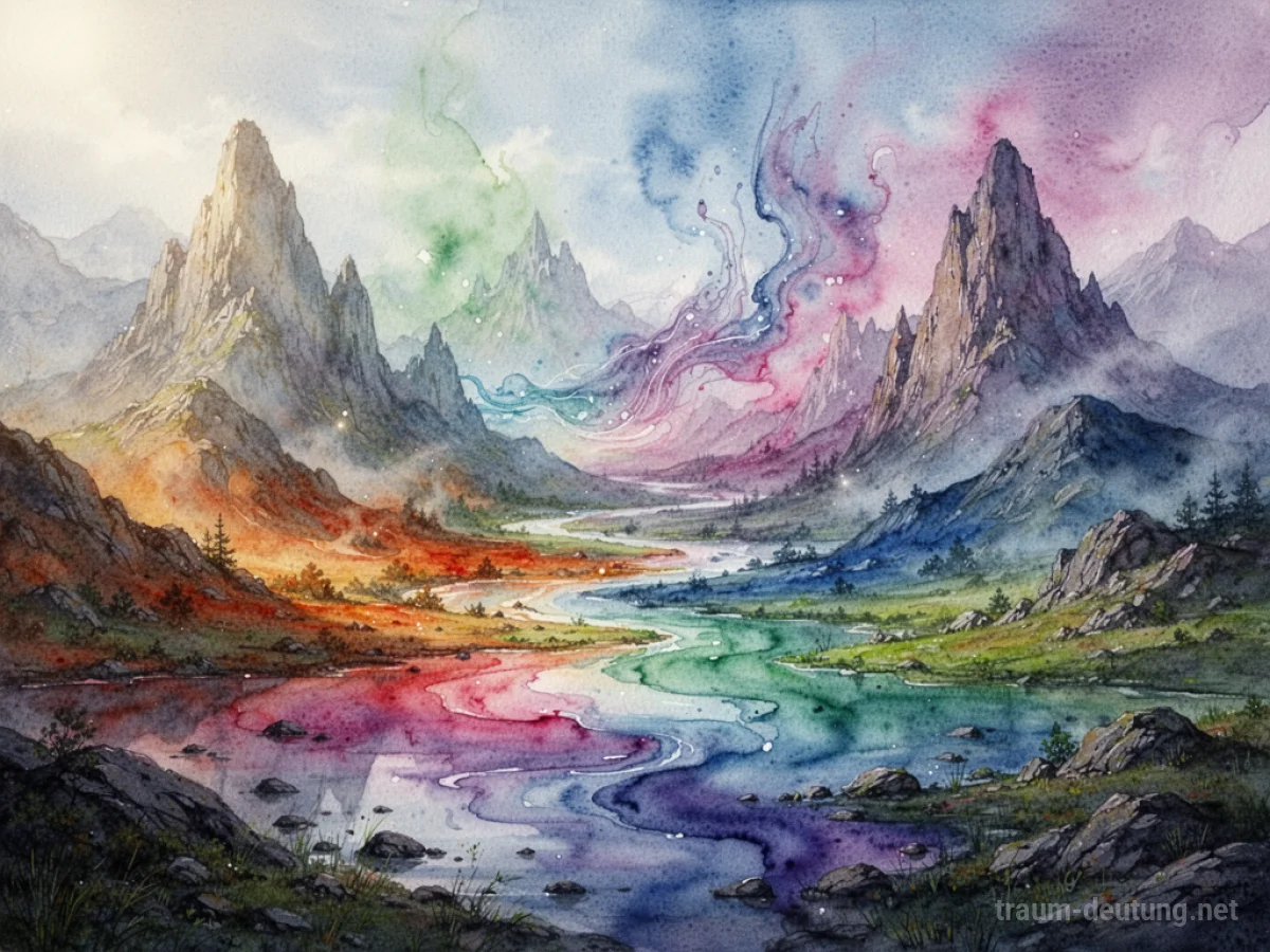 Fließende, sich verändernde Farben in einer surrealen Landschaft.