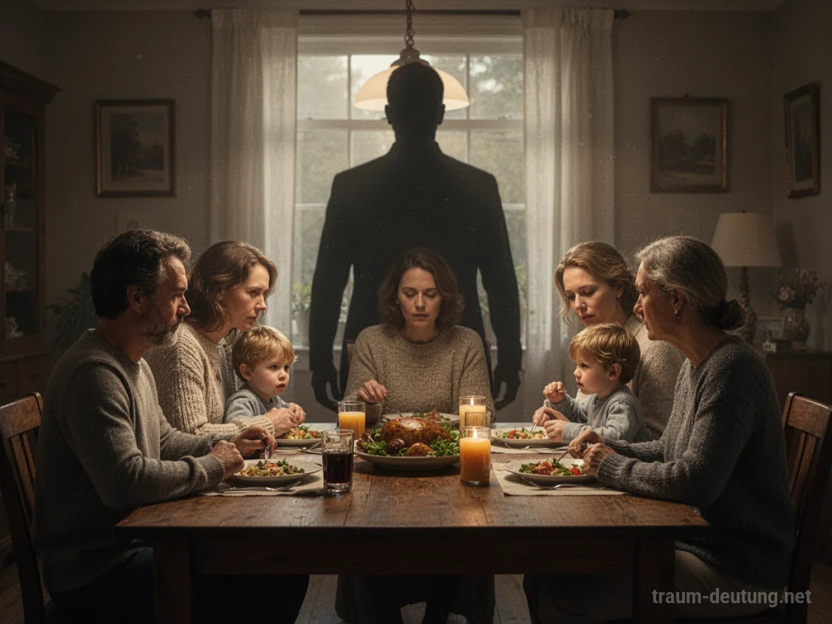Schattenhafte Figur hinter einer scheinbar harmonischen Familie