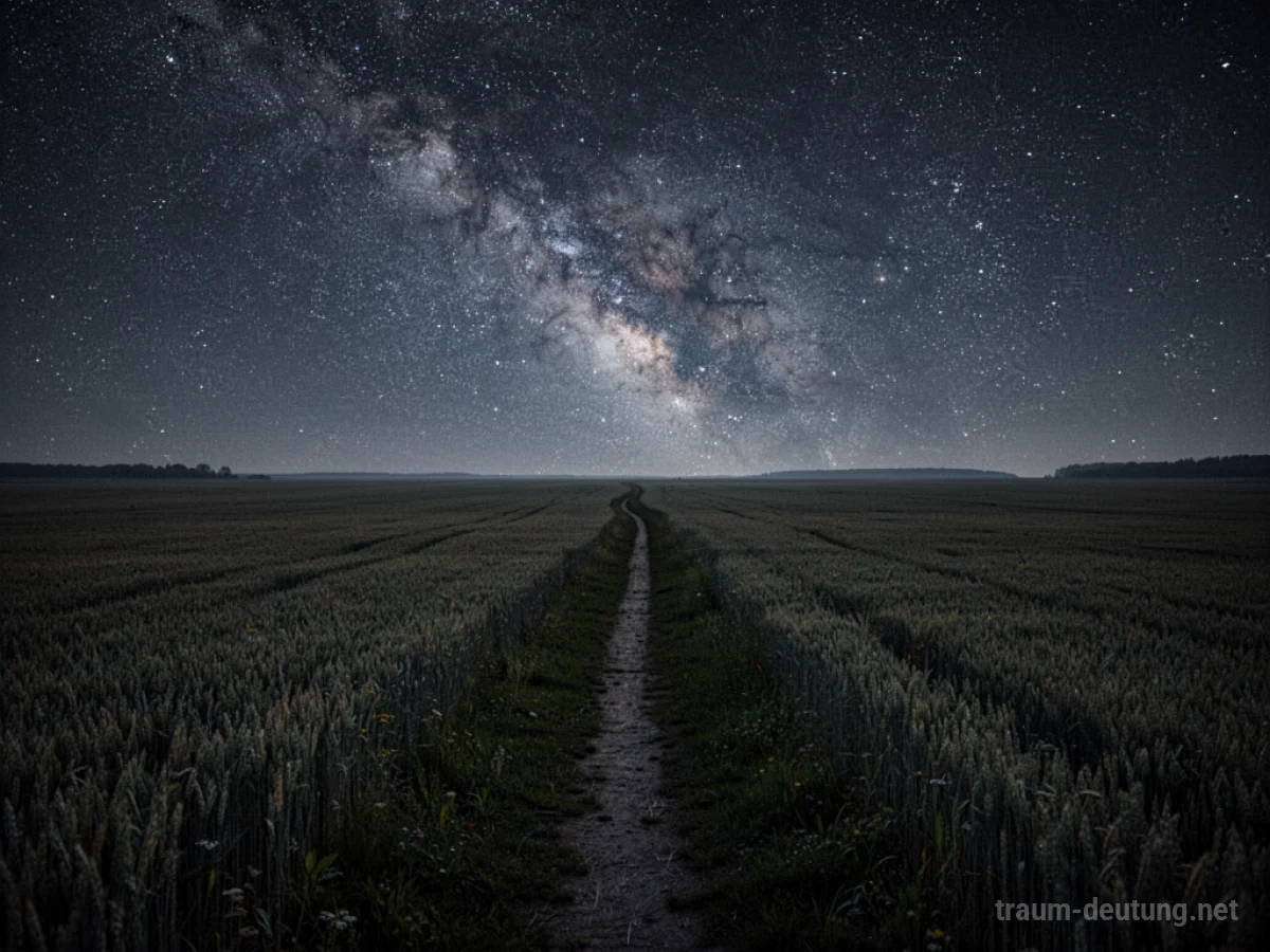 Ein weites, dunkles Feld bei Nacht mit Sternenhimmel, ein Pfad führt in die Ferne.