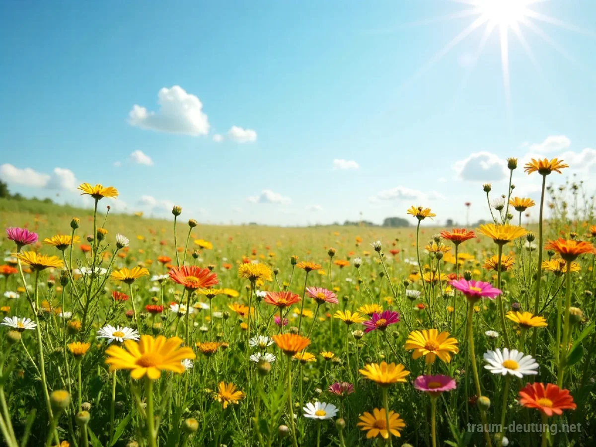 Ein sonniges Feld voller bunter Wildblumen.