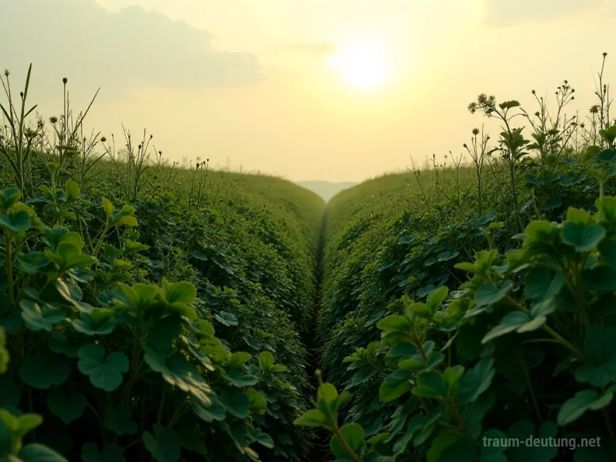 Ein dicht bewachsenes Feld voller Unkraut unter schwachem Sonnenlicht.