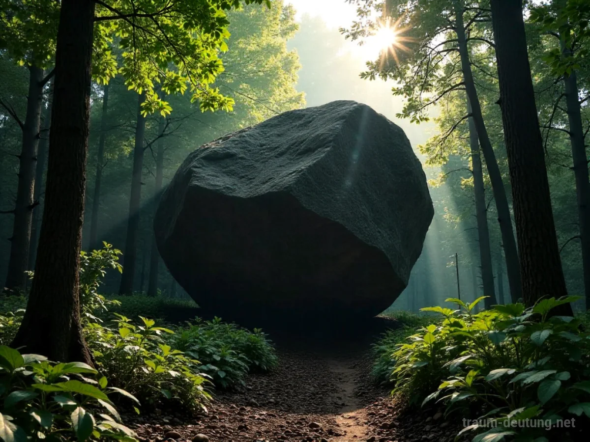 Ein großer Fels blockiert einen schmalen Waldweg.