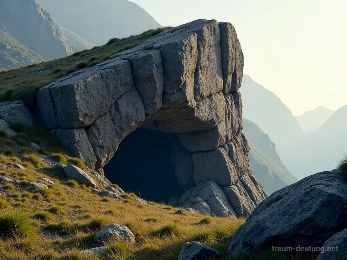 Felsformation mit einer dunklen Höhle, umgeben von Natur