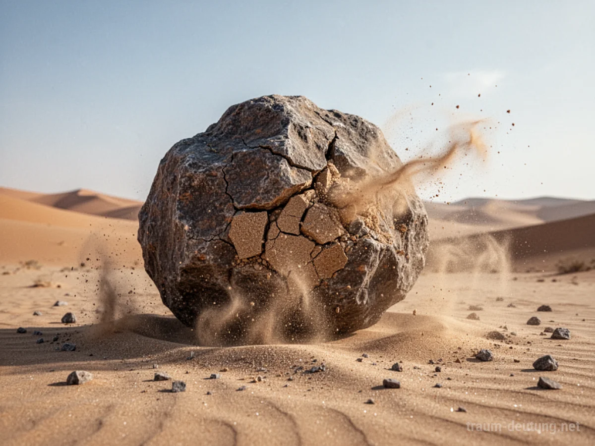 Ein Fels zerfällt zu Sand in einer Wüstenlandschaft.