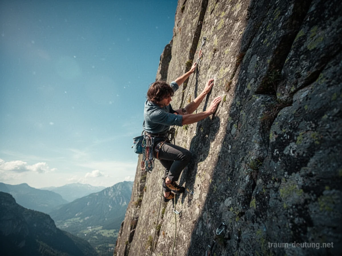 Person klettert steile Felswand hoch in klarem Himmel