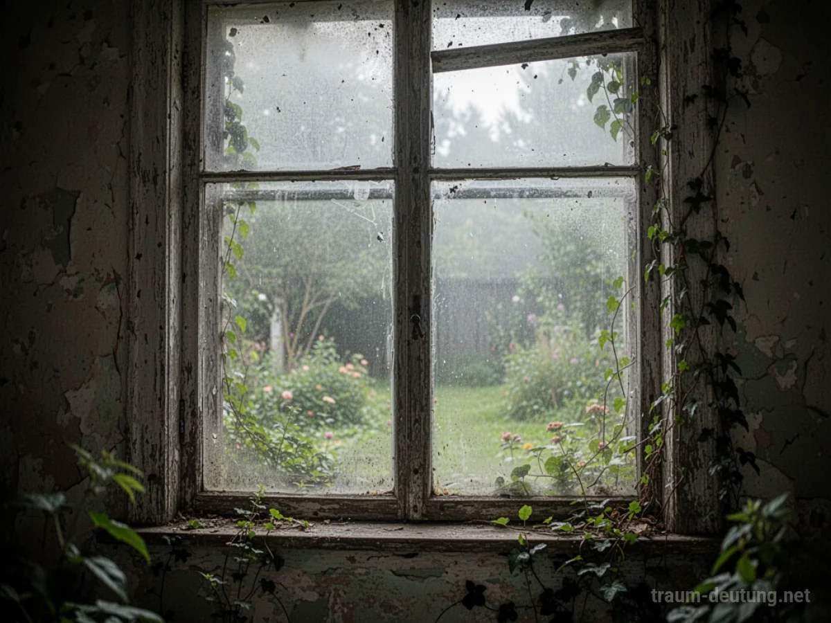 Fenster eines alten Hauses mit Blick auf einen nebligen Garten