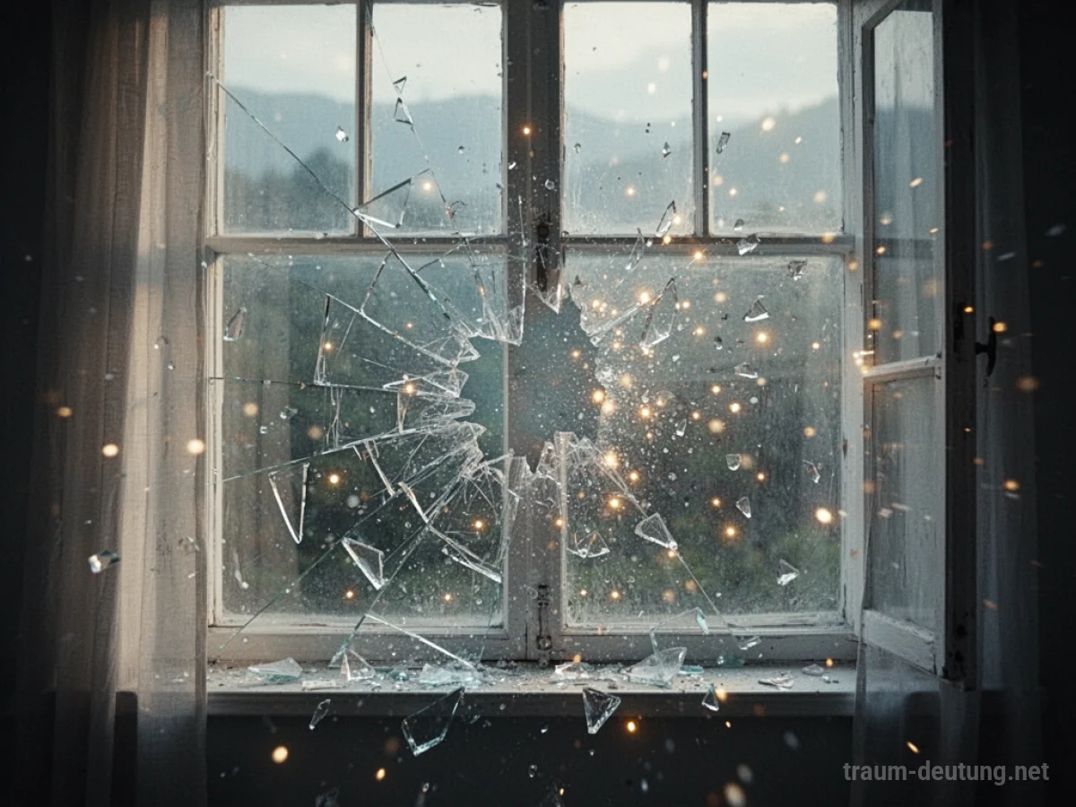 Ein explodierendes Fenster mit schillernden Fragmenten im Traum.