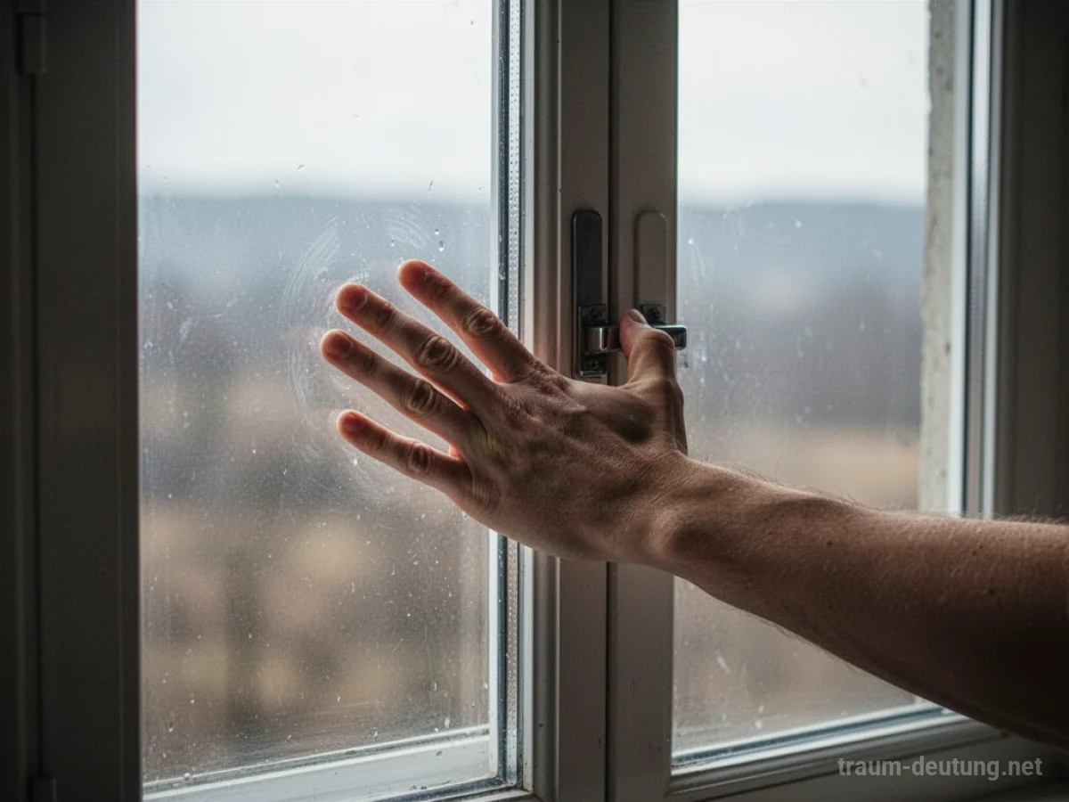 Hand drückt gegen ein verschlossenes Fenster, das sich nicht öffnen lässt.