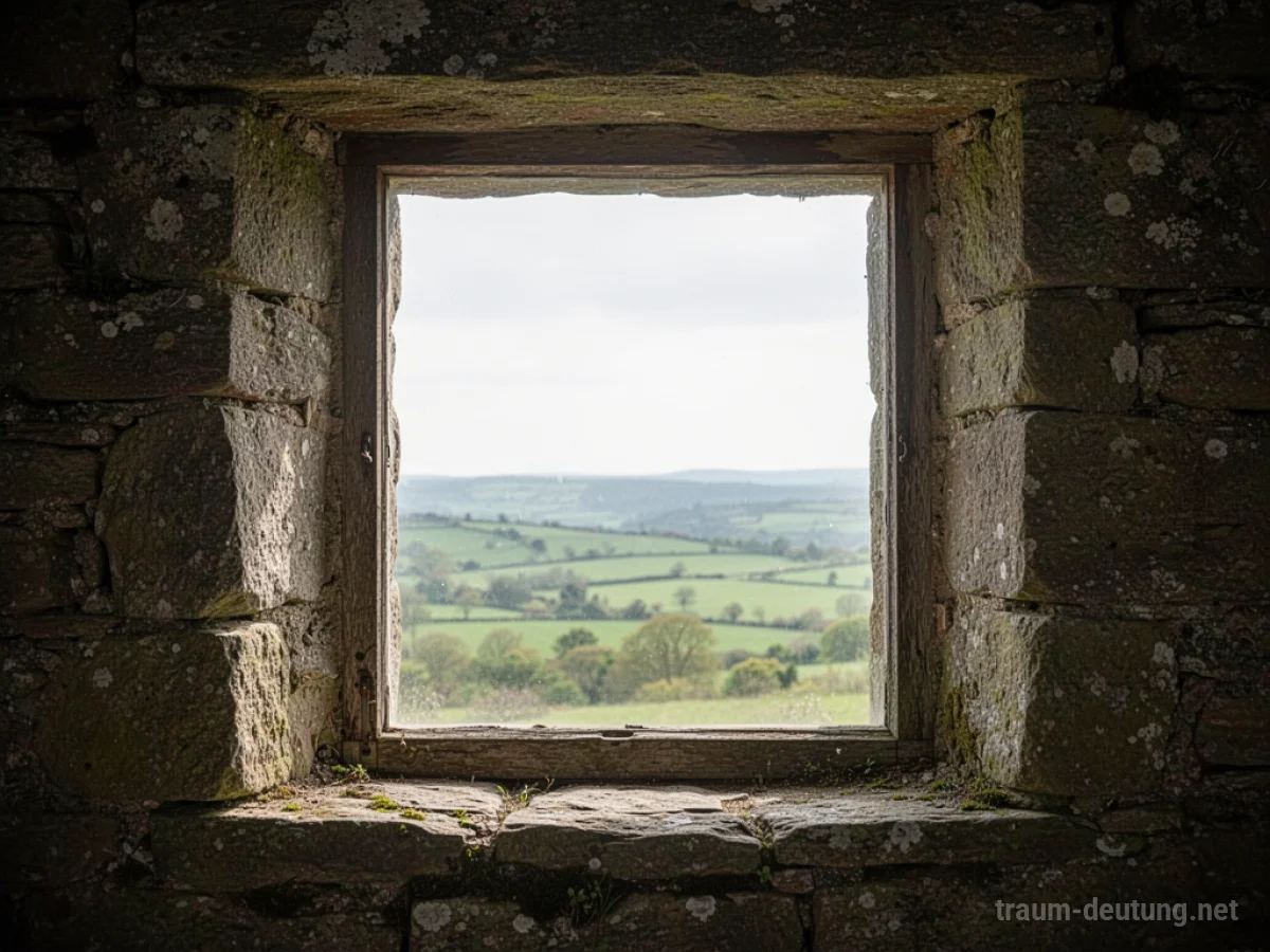 Ein leeres Fenster ohne Glas in einer Wand, durch das eine offene Landschaft sichtbar ist.