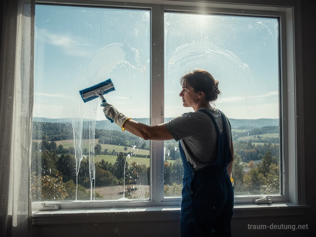 Fenster wird von innen geputzt, Blick auf eine sonnige Landschaft.