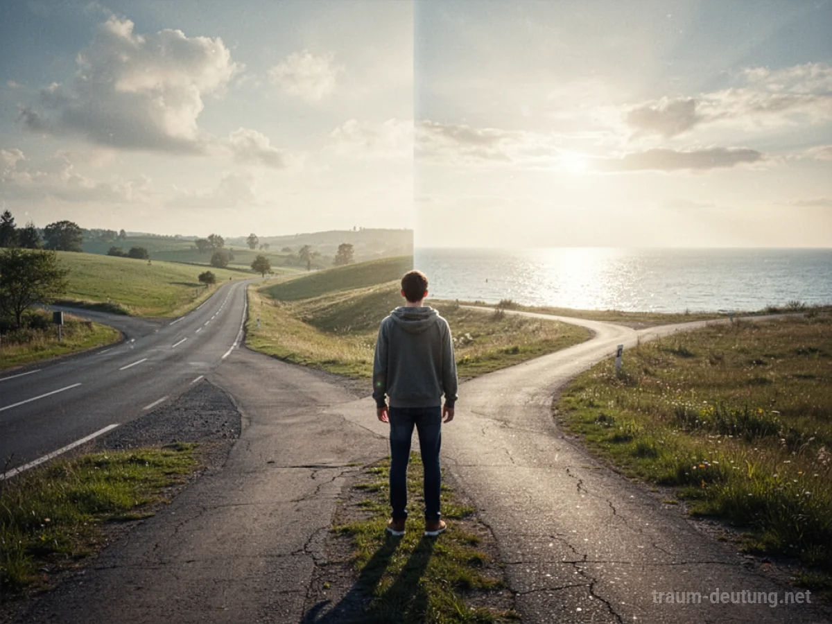 Zwei Wege im Traum: Einer führt in eine bekannte Landschaft, der andere zum Horizont.