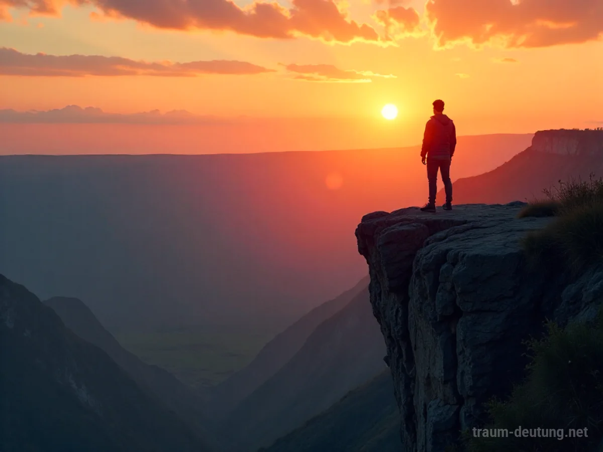 Person steht am Rand einer Klippe und blickt auf eine weite, exotische Landschaft bei Sonnenuntergang.