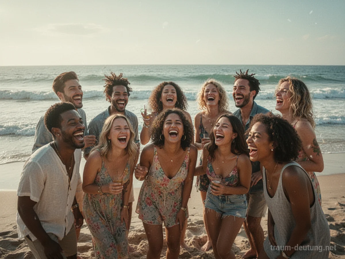 Gruppe von Freunden lacht am sonnigen Strand.