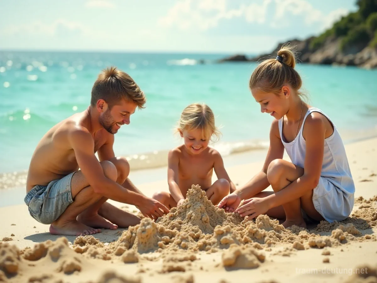 Familie verbringt Ferien am Strand mit Kindern
