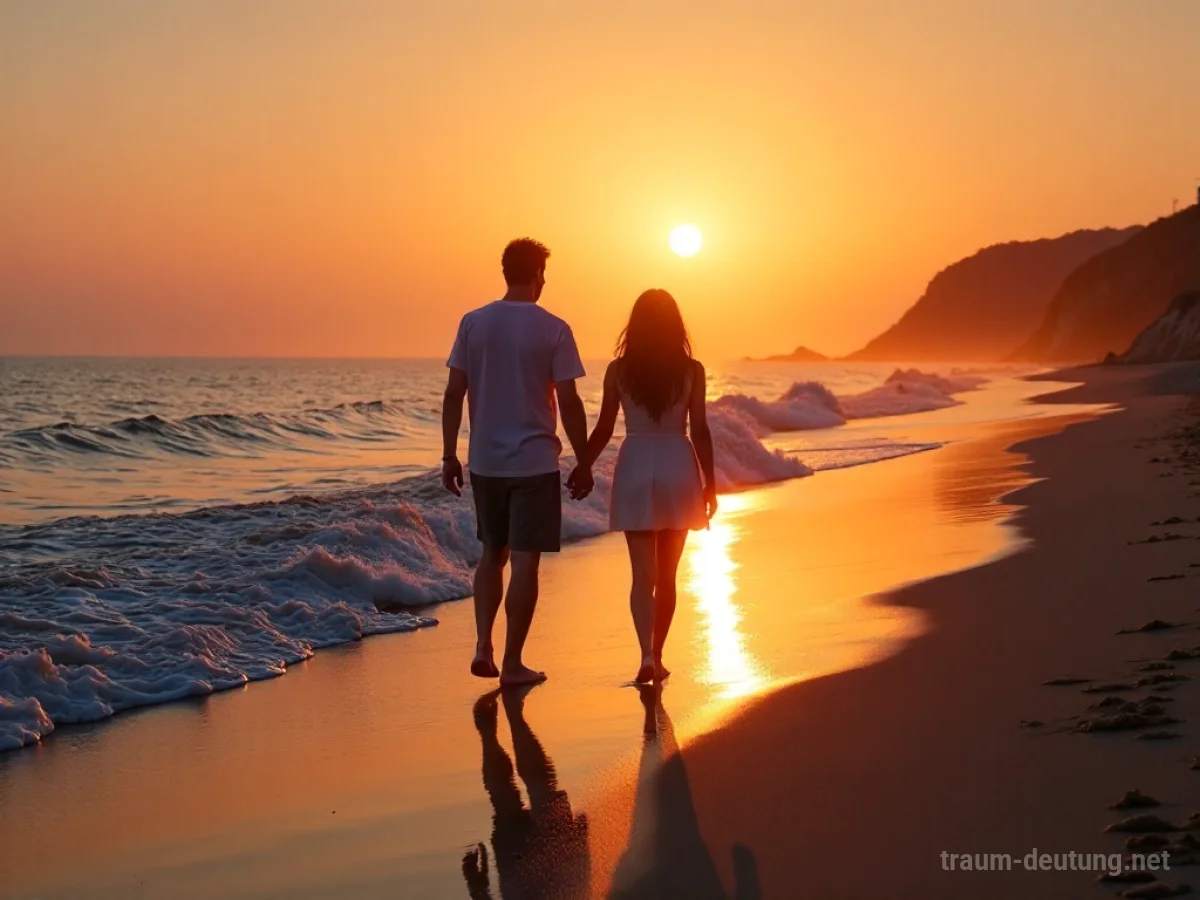 Ein Paar spaziert Hand in Hand am Strand bei Sonnenuntergang.