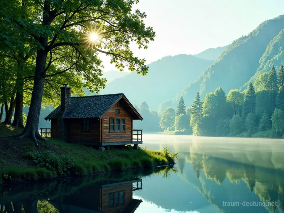 Ein einsames Ferienhaus am Seeufer, umgeben von Bäumen.