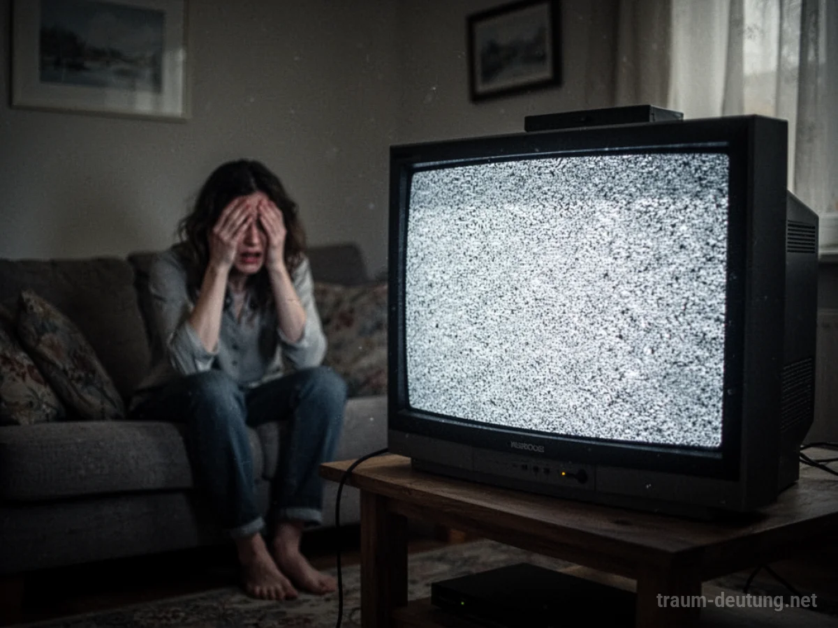 Ein Fernseher mit Rauschen, daneben eine Person auf einem Sofa.