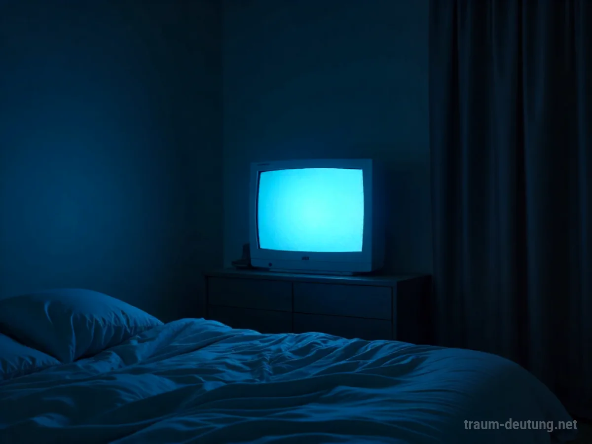 Fernseher im dunklen Schlafzimmer, der einen blauen Schein wirft.