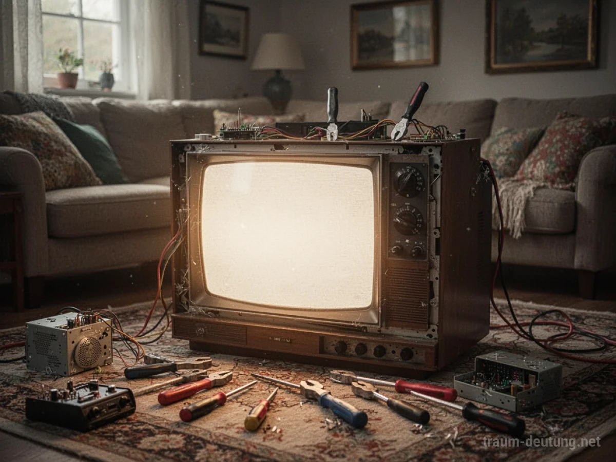 Ein Mann repariert einen Fernseher in einem Wohnzimmer.