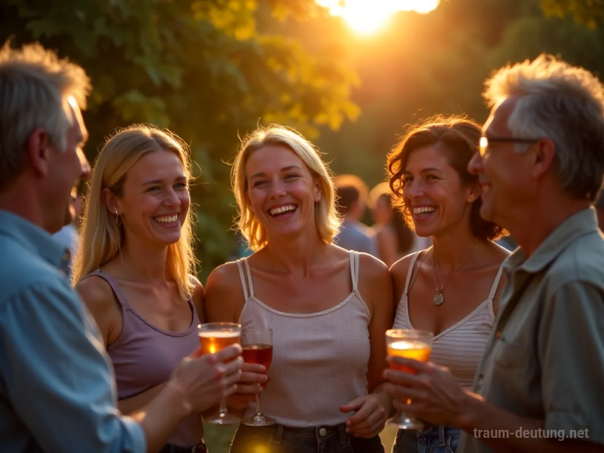 Gruppe von Menschen feiert ein Fest mit alten Freunden im Freien bei Sonnenuntergang