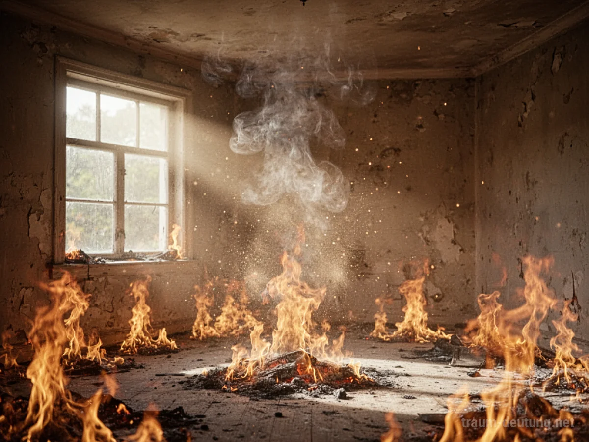 Ein Zimmer in warmen Flammen, Rauch steigt auf