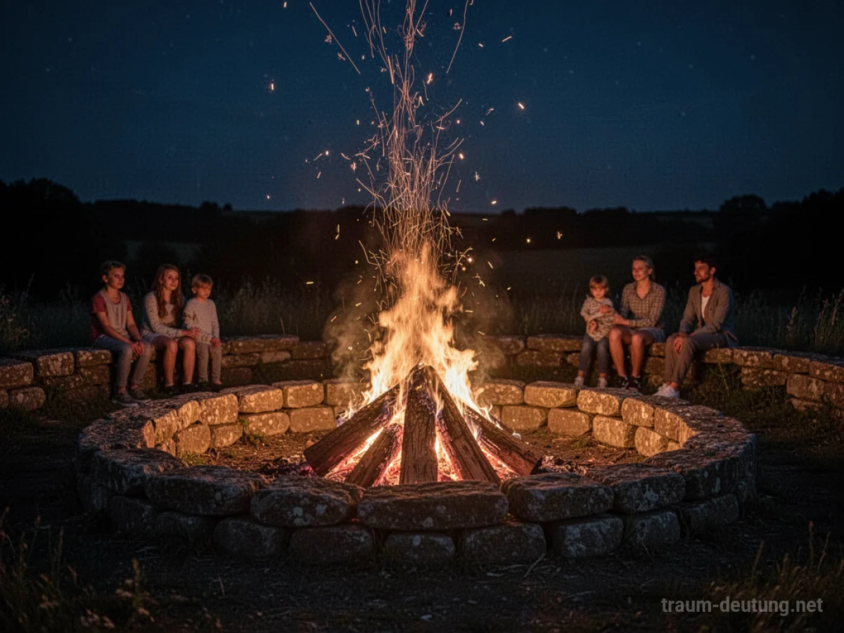 Kontrolliertes Feuer brennt sicher in einem Steinkreis bei Nacht.
