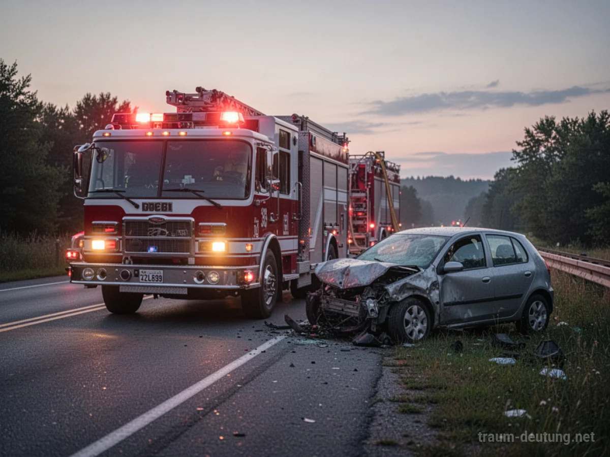 Feuerwehr bei einem Autounfall am Straßenrand bei Dämmerung.