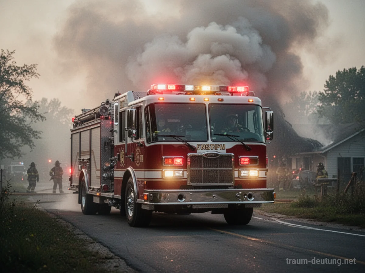 Feuerwehr mit Blaulicht fährt auf eine Szene zu, Rauch im Hintergrund