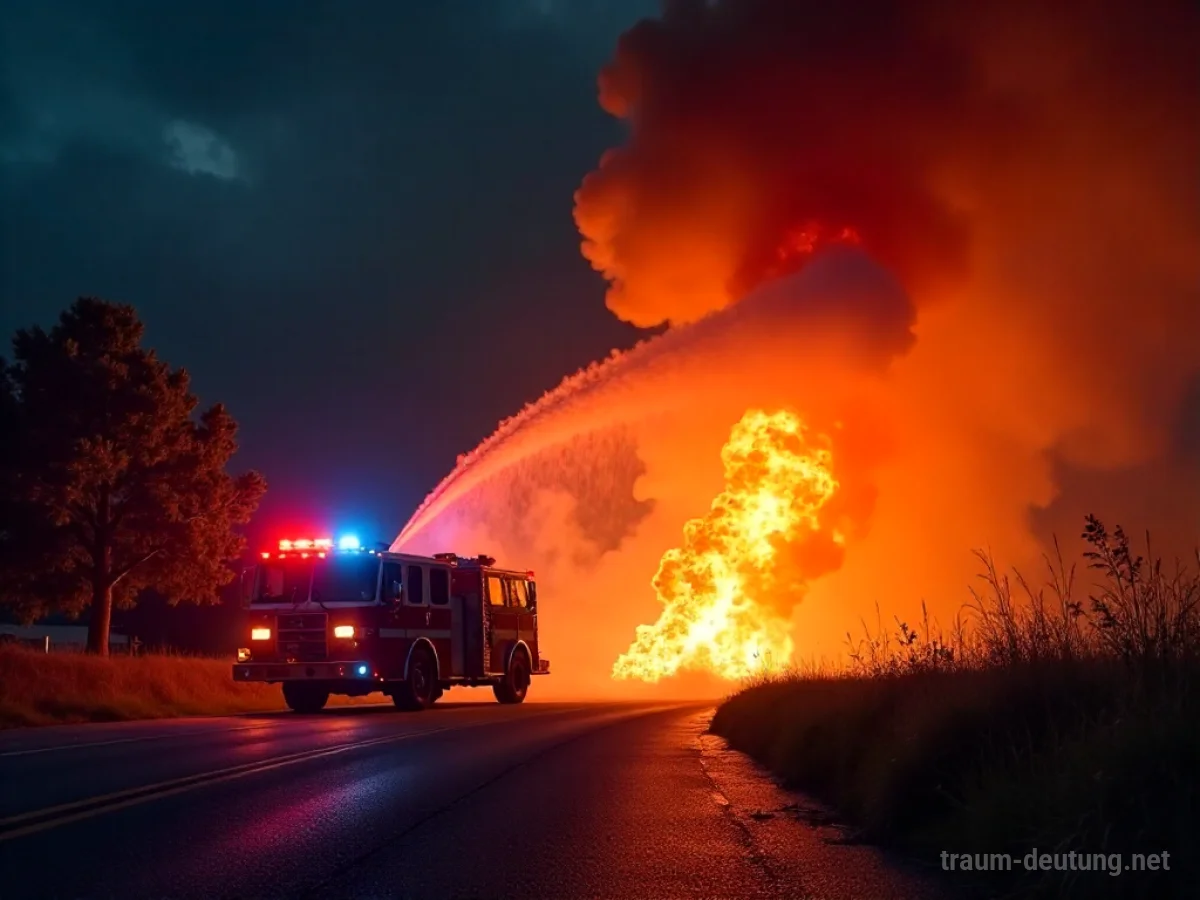 Feuerwehr im Einsatz bei einem Großbrand, Wasserstrahl trifft die Flammen.