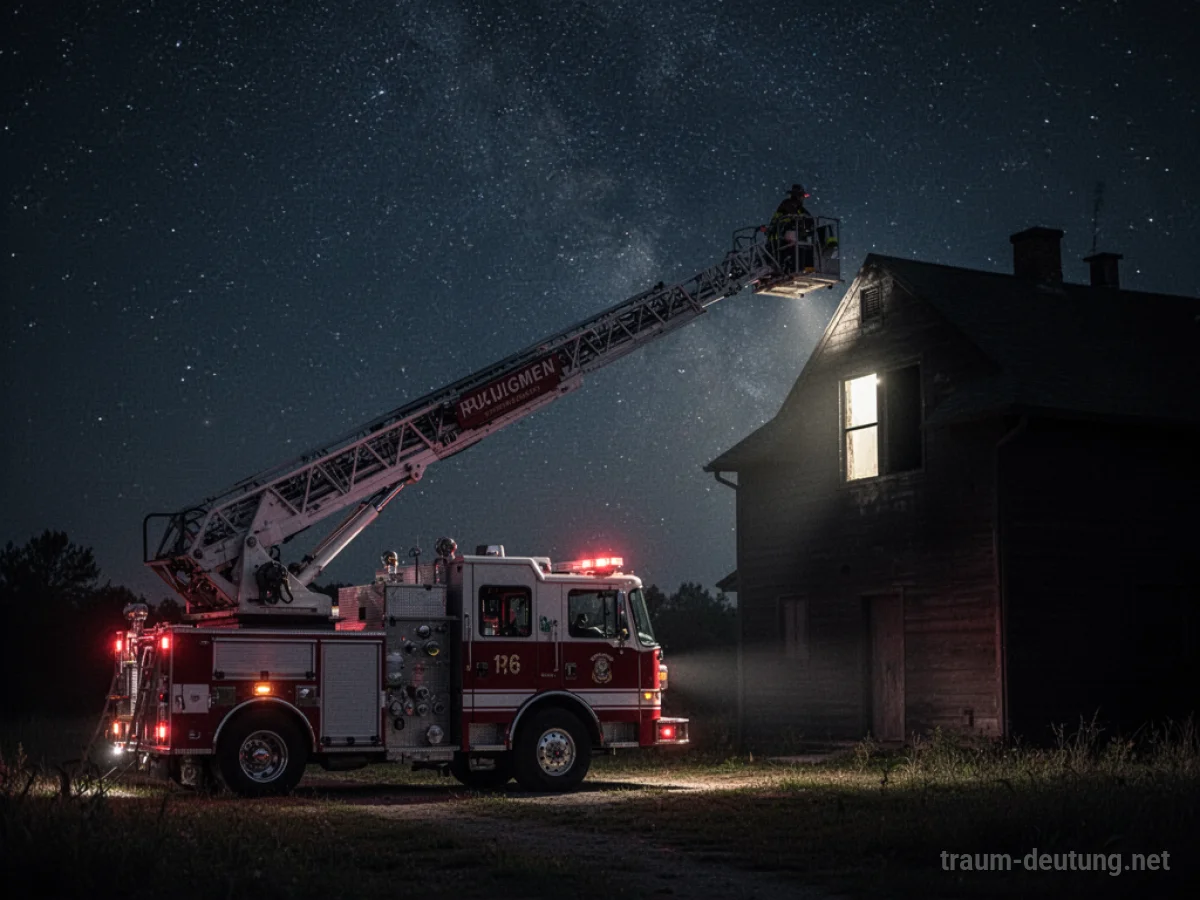 Feuerwehrleiter ragt empor zu einem Haus unter dunklem Himmel