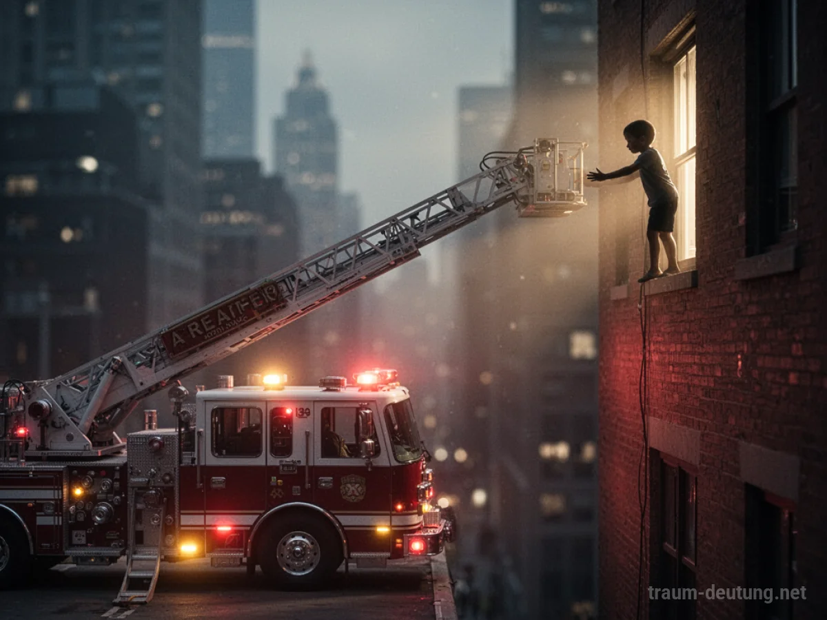 Feuerwehrleiter reicht zu Kind auf Fensterbank