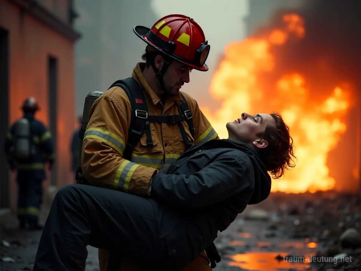 Feuerwehrfrau trägt eine verletzte Person vorsichtig aus einem Gebäude.