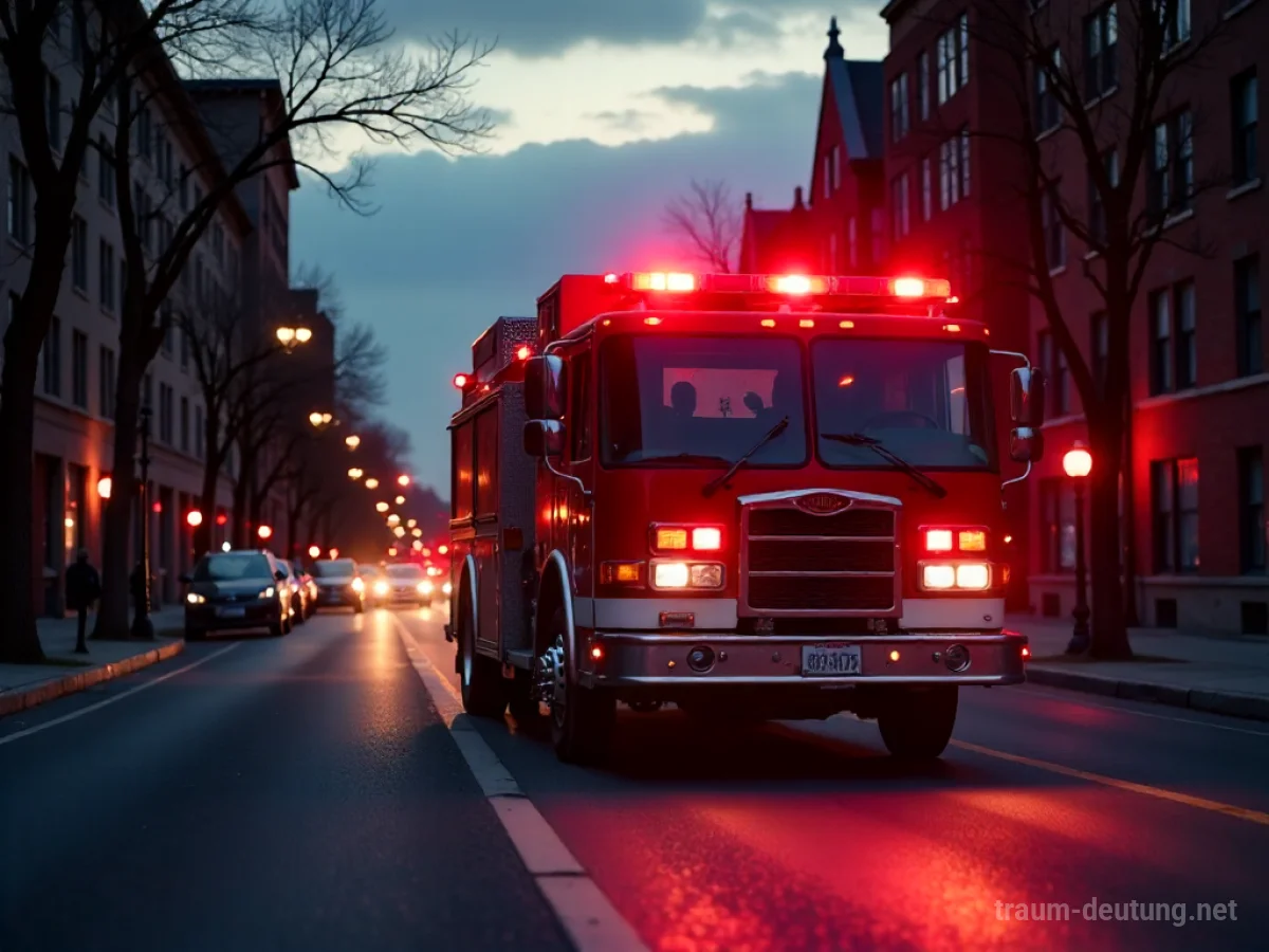 Rotes Feuerwehrauto mit blinkenden Sirenenlichtern auf einer leeren Straße.