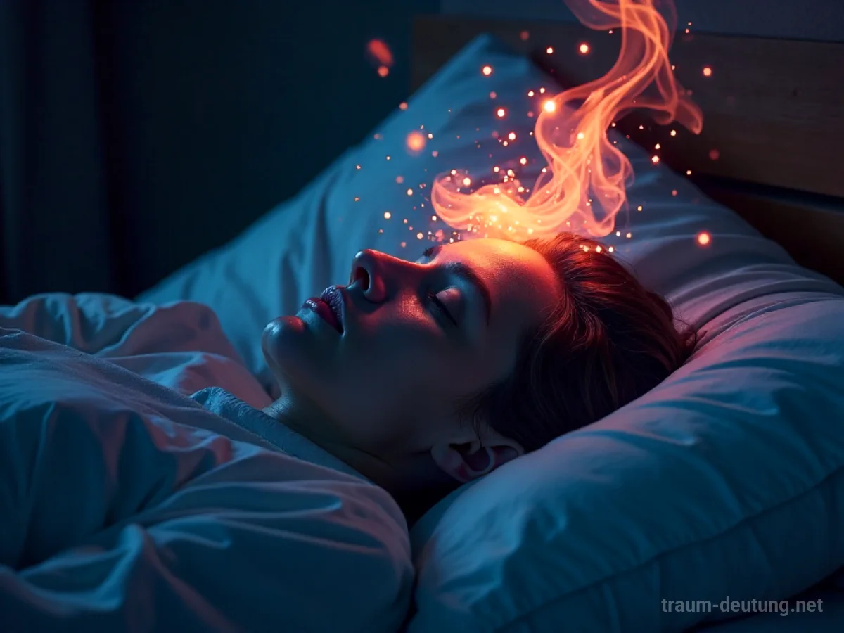 Person mit Fieber im Bett, umgeben von verschwommenen, bunten Visionen