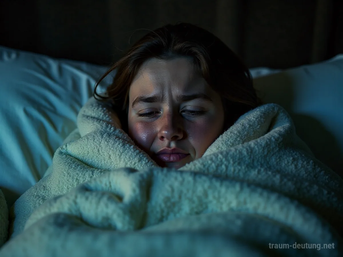 Person mit Fieber und Schüttelfrost im Bett, zitternd unter Decken.