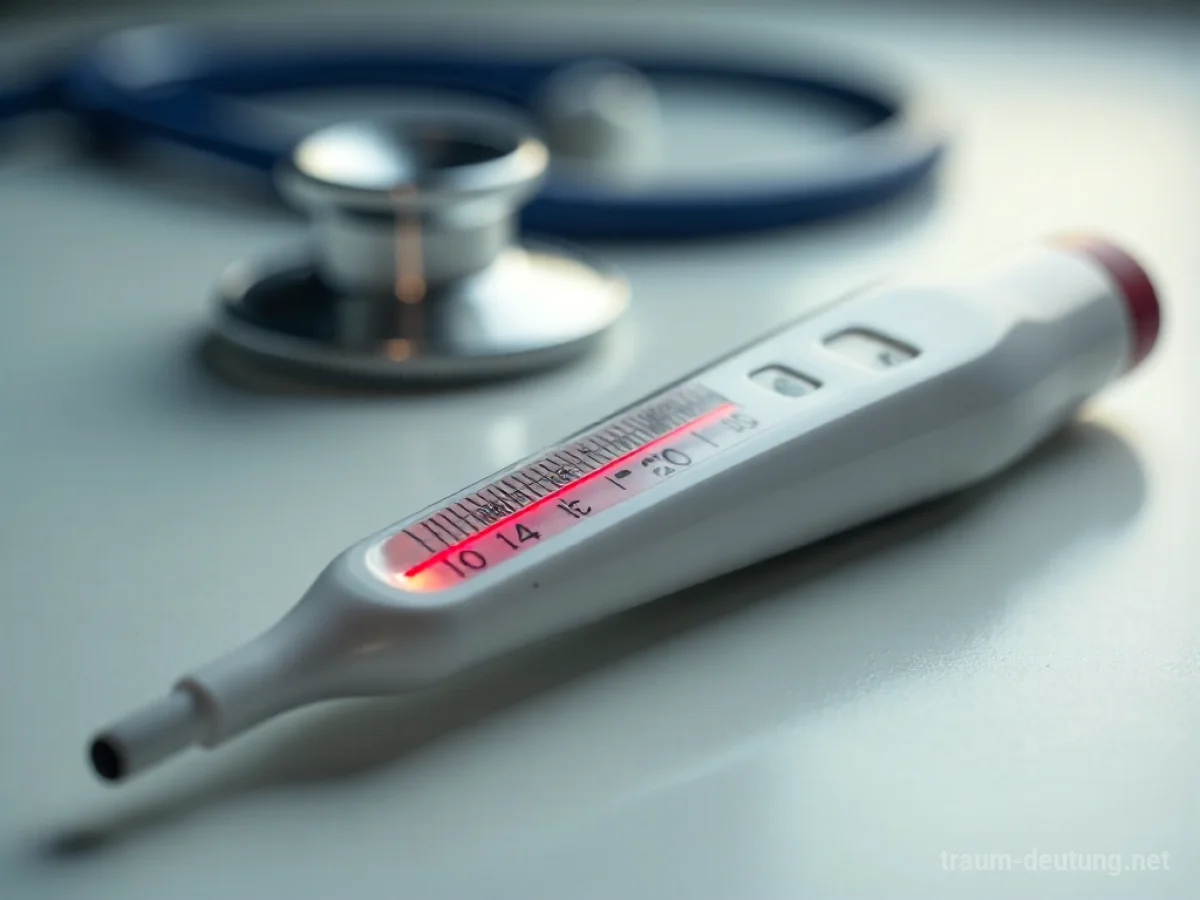 Thermometer mit hoher Temperaturanzeige, im Hintergrund unscharf medizinische Elemente.