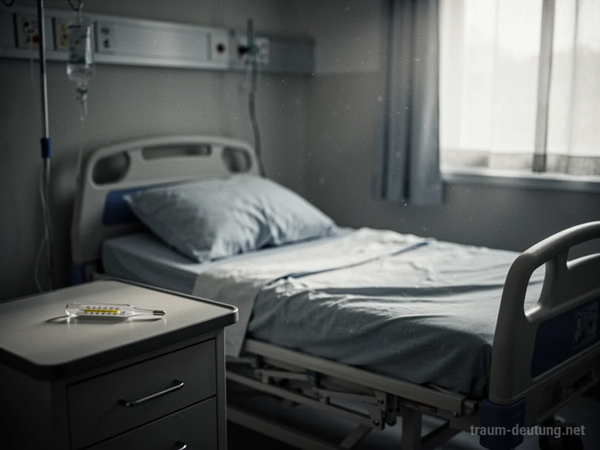 Krankenzimmer mit Bett und Fieberthermometer, das Fieber nach einem Unfall im Traum symbolisiert.
