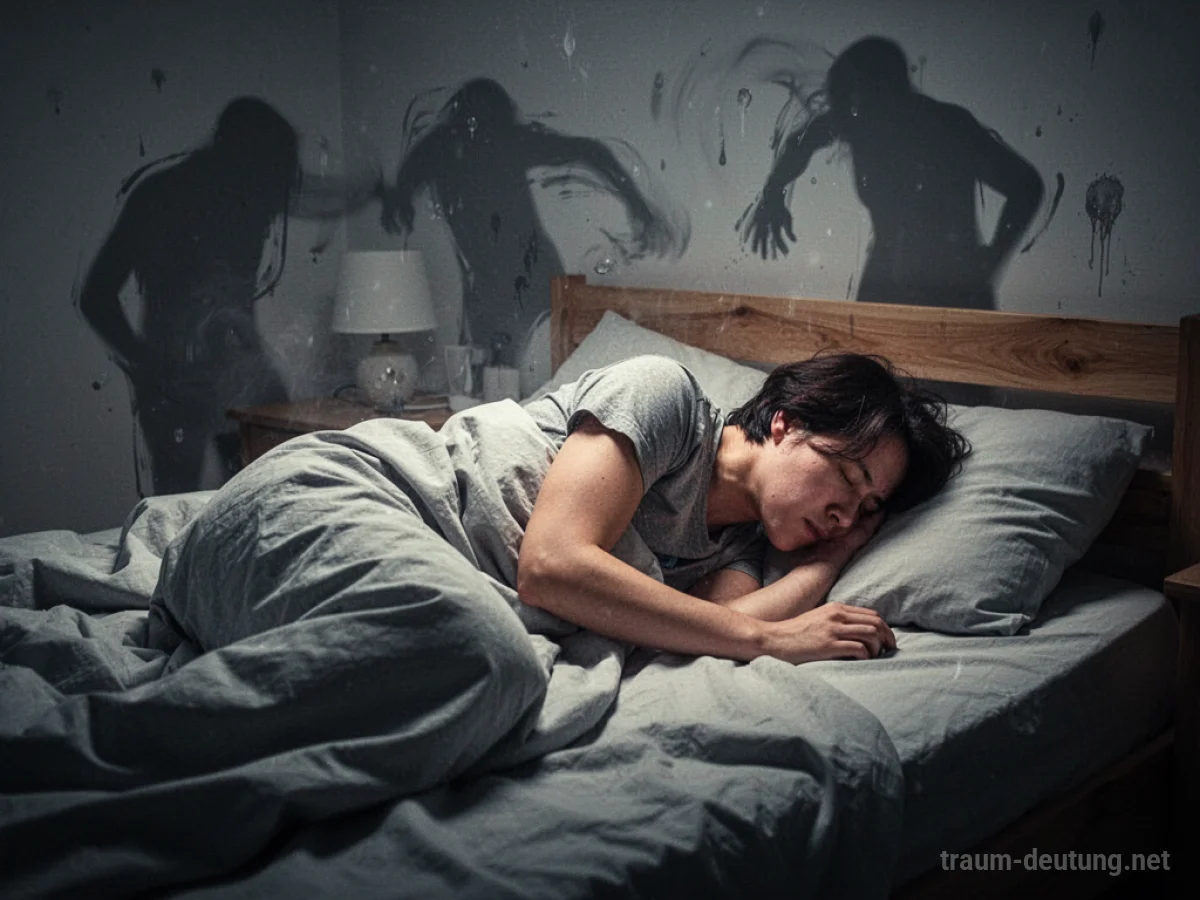 Person im Fieberwahn im Bett liegend, verzerrte Schatten im Hintergrund