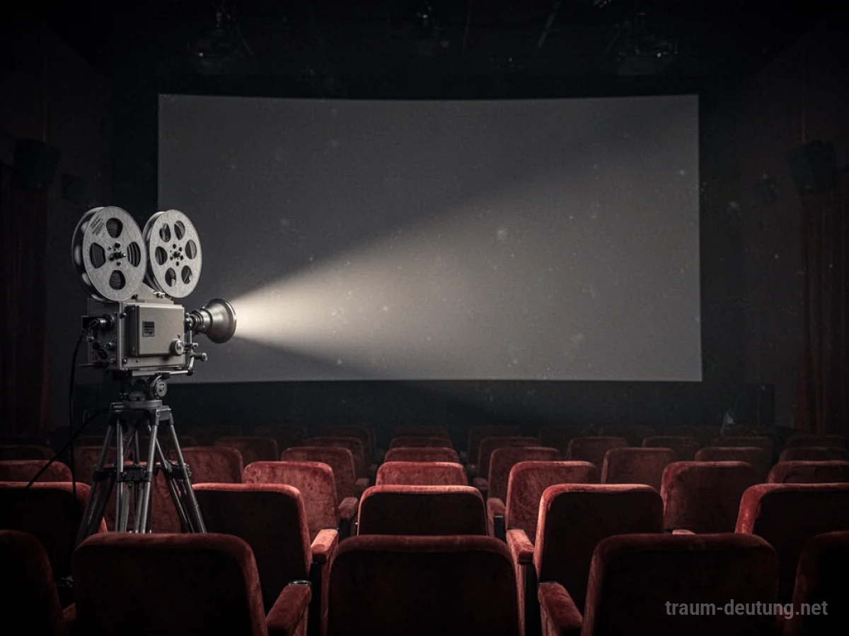 Lichtkegel eines Filmprojektors beginnt, eine leere Kinoleinwand zu beleuchten.